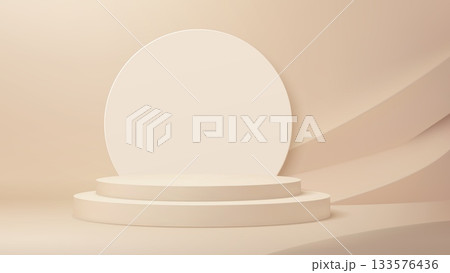 3d beige podium stage. Vector circular stand with soft shadows, round backdrop panel and abstract flowing background shape. Neutral elegant display scene for beauty product or cosmetic presentation 3d beige podium stage. Vector circular stand with soft shadows, round backdrop panel and abstract flowing background shape. Neutral elegant display scene for beauty product or cosmetic presentation 133576436