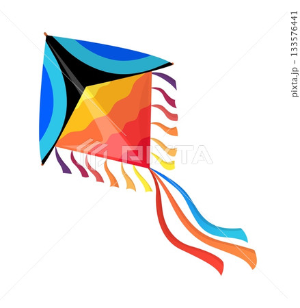 Cartoon diamond shaped paper kite. Short wavy streamers fringe one side, while two long ribbon tails in red, orange and blue sweep backward in fluid curves. Vector summer festival kite kid toy Cartoon diamond shaped paper kite. Short wavy streamers fringe one side, while two long ribbon tails in red, orange and blue sweep backward in fluid curves. Vector summer festival kite kid toy 133576441