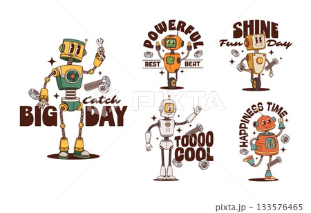 Retro robot groovy characters stickers and vintage droid t shirt prints, cartoon vector. Funny robot characters with happy faces and wrenches, funky droid bot or cyber droid with positive vibe quotes 133576465