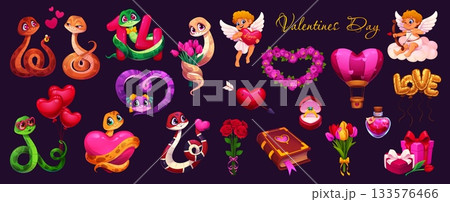 Cartoon Valentine day holiday characters and love symbols, vector hearts and cupids. Valentine day love characters of snakes couple with cherub angels on clouds, wedding ring and gifts with flowers 133576466