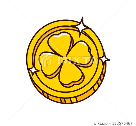 Cartoon groovy St Patrick day golden coin with shamrock engraved, Irish holiday symbol of luck and prosperity. Gold of leprechaun, isolated vector retro coin with clover leaf and sparks on edge Cartoon groovy St Patrick day golden coin with shamrock engraved, Irish holiday symbol of luck and prosperity. Gold of leprechaun, isolated vector retro coin with clover leaf and sparks on edge 133576467