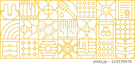 Honey and beekeeping pattern. Modern linear apiary production grid. Vector background with honey jars, bees, hives, hexagon cells, sun, drops, flowers and tools in golden yellow outline squares 133576478