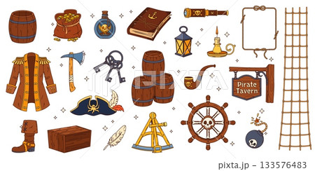 Cartoon groovy pirate and corsair objects set. Vector psychedelic treasure chest, gold and pirate captain hat, sea ship wheel and logbook. Retro groovy corsair rope, rum, spyglass and smoking pipe set Cartoon groovy pirate and corsair objects set. Vector psychedelic treasure chest, gold and pirate captain hat, sea ship wheel and logbook. Retro groovy corsair rope, rum, spyglass and smoking pipe set 133576483
