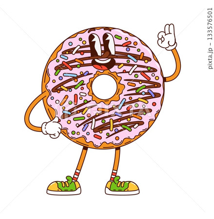 Cartoon groovy donut character for sweet dessert and bakery pastry, vector funny personage. Groovy donut character with chocolate and berry icing and sprinkles with OK cool gesture and funky smile Cartoon groovy donut character for sweet dessert and bakery pastry, vector funny personage. Groovy donut character with chocolate and berry icing and sprinkles with OK cool gesture and funky smile 133576501