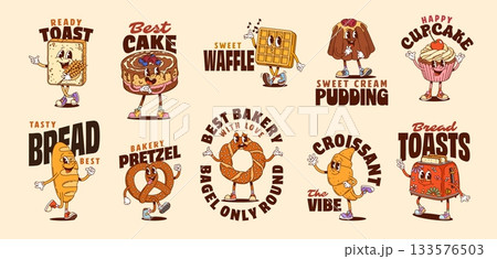 Y2k groovy bakery and dessert stickers. Cartoon vector personages of pastries and confectionery with expressive quirky faces, including toast, cake, waffle, pudding, pretzel, bagel or croissant treats 133576503