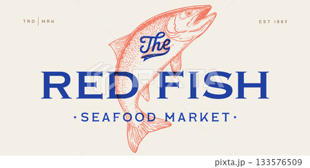 Salmon fish seafood, label. Vintage retro print, seafood salmon fish sketch, logo sign tag label template, pencil style drawing, engrave old school. Hand drawn sketch salmon fish. Vector Illustration 133576509