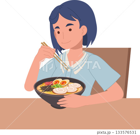 woman eating ramen with chopsticks in a cozy dining scene flat vector illustration of japanese cuisine 133576531