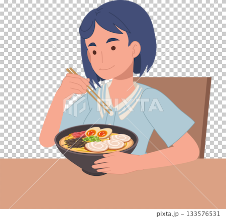 woman eating ramen with chopsticks in a cozy dining scene flat vector illustration of japanese cuisine 133576531