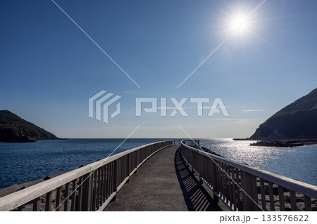太陽が照らす穏やかな日の青い海と空に挟まれた桟橋の光景 太陽が照らす穏やかな日の青い海と空に挟まれた桟橋の光景 133576622
