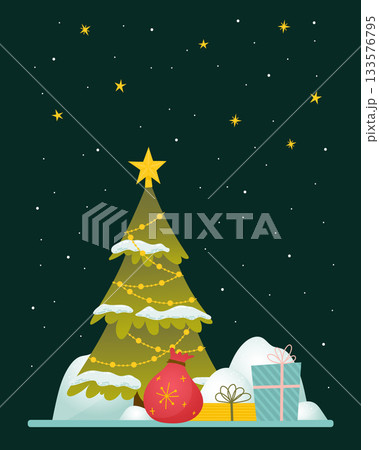 Outdoor Scene with Decorated Christmas Tree, Gift Boxes and Snowdrifts on Night Snowy and Starry Background. Perfect for Invitations, Postcards, Banners and Flyers. Merry Christmas and Happy New Year Outdoor Scene with Decorated Christmas Tree, Gift Boxes and Snowdrifts on Night Snowy and Starry Background. Perfect for Invitations, Postcards, Banners and Flyers. Merry Christmas and Happy New Year 133576795