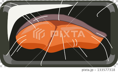 packaged salmon sashimi in a plastic tray with cling wrap 133577318