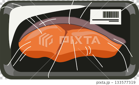 fresh salmon fillet packaged in a plastic tray with wrap and barcode, 133577319