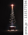 A bright, large star in the shape of a cross illuminates baby Jesus in a manger, a Christmas and Christmas tree background celebrating the birth of Jesus. 133577594