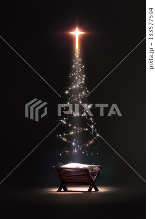A bright, large star in the shape of a cross illuminates baby Jesus in a manger, a Christmas and Christmas tree background celebrating the birth of Jesus. A bright, large star in the shape of a cross illuminates baby Jesus in a manger, a Christmas and Christmas tree background celebrating the birth of Jesus. 133577594