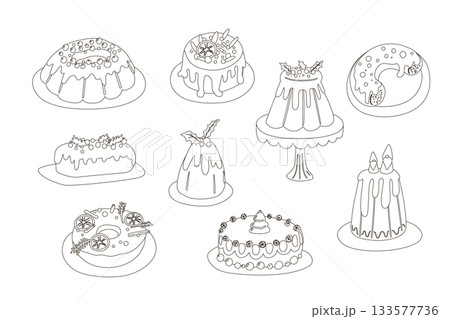 Cute Christmas Cake Set cozy holiday puddings and sweet festive desserts in vector line style. 133577736
