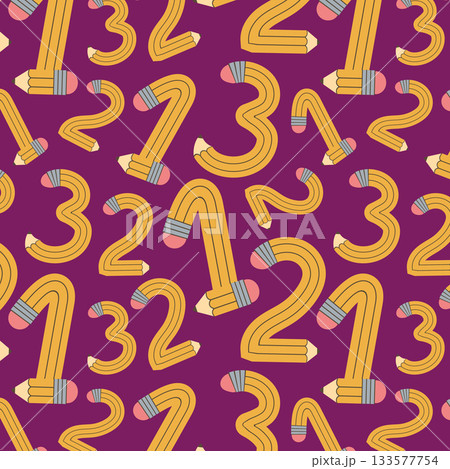 Seamless pattern ute funky twisted flexible pencils bent into in numbers from 1 to 3. Funky flexible school supplies. Vector illustration 133577754