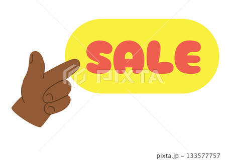 Hand of black child points to sale button. Vector illustration 133577757