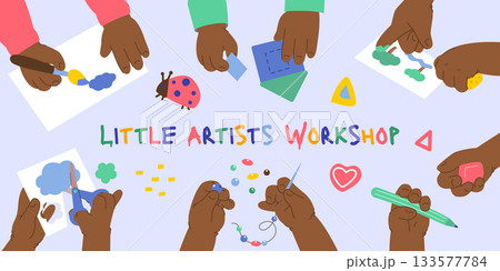Children black hands at Art and Craft classes, top view set. Kids during creativity, DIY hobbies, education with paper, paints. Flat graphic vector illustrations isolated on white background Children black hands at Art and Craft classes, top view set. Kids during creativity, DIY hobbies, education with paper, paints. Flat graphic vector illustrations isolated on white background 133577784
