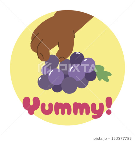 Hand of black baby taking grape. The inscription Yummy Hand of black baby taking grape. The inscription Yummy 133577785