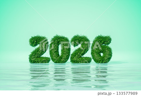 Eco Green 2026 Numbers Standing in Water. Green energy and sustainability concept. Eco Green 2026 Numbers Standing in Water. Green energy and sustainability concept. 133577989
