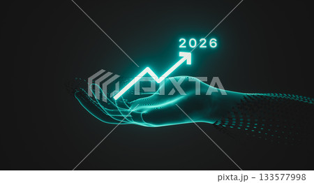 Futuristic Hologram Hand Holding Rising Growth Chart with illuminated year 2026. 3d rendering Futuristic Hologram Hand Holding Rising Growth Chart with illuminated year 2026. 3d rendering 133577998