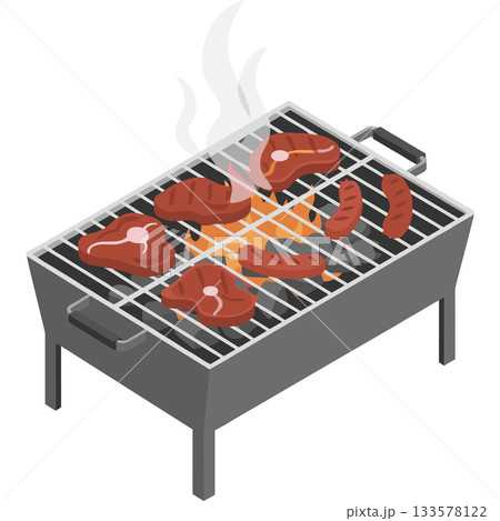 煙が立ち上るバーベキューコンロで肉を焼くベクターアイコン 133578122