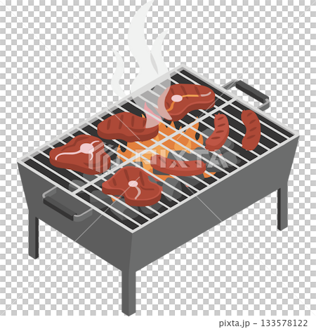 煙が立ち上るバーベキューコンロで肉を焼くベクターアイコン 133578122