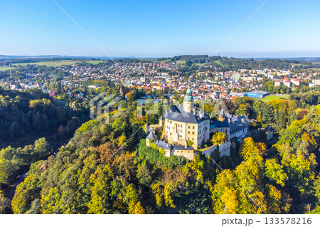 Chateau and Castle Frydlant on sunny autumn day. Frydlant v Cechach, Czech Republic. Aerial view from drone. 133578216