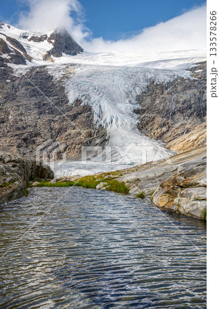 Mountain Glacier in alpine valley. Schlaten Glacier, German: Schlatenkees, Hohe Tauern National Park, East Tyrol, Austrian Alps Mountain Glacier in alpine valley. Schlaten Glacier, German: Schlatenkees, Hohe Tauern National Park, East Tyrol, Austrian Alps 133578266