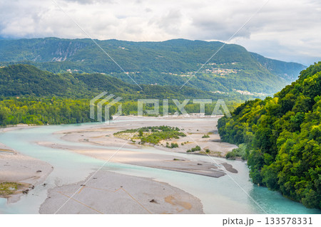 Wide valley of Tagliamento River near Pinzano, Friuli, Italy Wide valley of Tagliamento River near Pinzano, Friuli, Italy 133578331