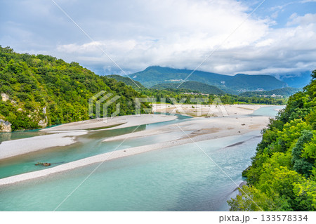 Wide valley of Tagliamento River near Pinzano, Friuli, Italy Wide valley of Tagliamento River near Pinzano, Friuli, Italy 133578334