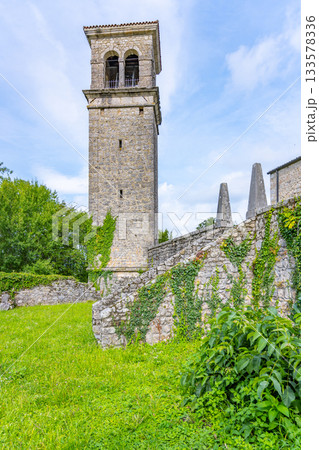 Belltower of St Peters Church. Castle of Ragogna at Tagliamento River near Pinzano, Friuli, Italy 133578336