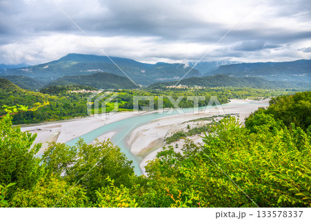 Wide valley of Tagliamento River near Pinzano, Friuli, Italy Wide valley of Tagliamento River near Pinzano, Friuli, Italy 133578337