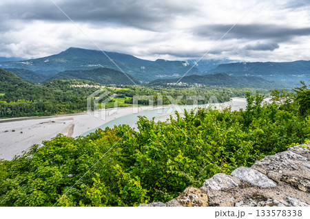 Wide valley of Tagliamento River near Pinzano, Friuli, Italy Wide valley of Tagliamento River near Pinzano, Friuli, Italy 133578338