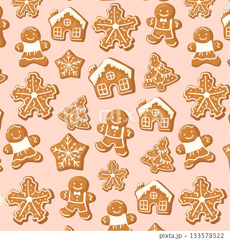 Winter seamless patterns with gingerbread cookies. Awesome holiday vector background. Christmas repeating texture for surface design, wallpapers, fabrics, wrapping paper etc. Winter seamless patterns with gingerbread cookies. Awesome holiday vector background. Christmas repeating texture for surface design, wallpapers, fabrics, wrapping paper etc. 133578522