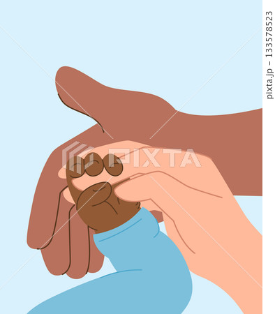Black fathers and mothers hands holding baby palm. Vector illustration on white background Black fathers and mothers hands holding baby palm. Vector illustration on white background 133578523