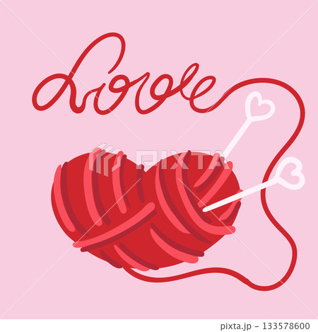 Heart-shaped ball of yarn. Needles inside the ball of yarn. Colored flat vector illustration. Heart-shaped ball of yarn. Needles inside the ball of yarn. Colored flat vector illustration. 133578600