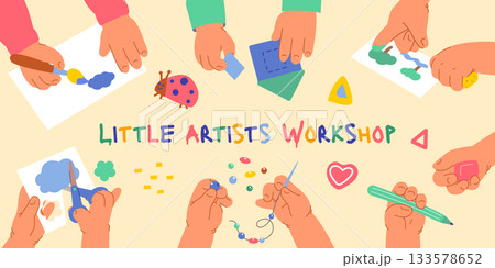 Children s hands at Art and Craft classes, top view set. Kids during creativity, DIY hobbies, education with paper, paints. Flat graphic vector illustrations isolated on white background 133578652