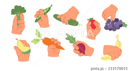Children and healthy eating. Simple and cute illustration of kids hands holding vegetables and fruits for kids menu 133578655