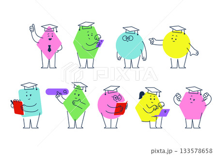 Abstract characters. Geometric comic creature emotions. Funny face business team avatar with books, laptop, notebook. Vector set. Different shapes for learning and teaching 133578658