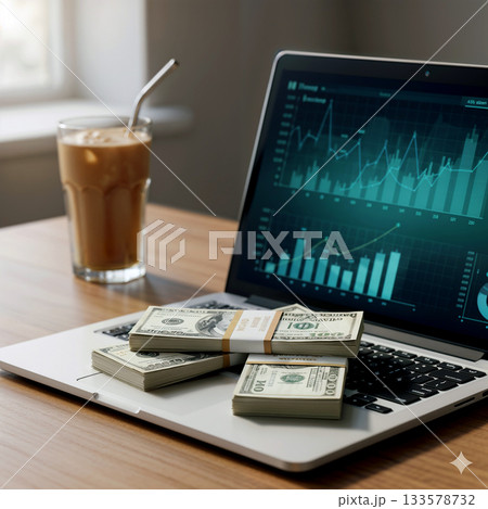 A close-up of an open laptop on a wooden table in natural sunlight. A neat stack of dollar bills (hundred-dollar bills) rests on the keyboard 133578732