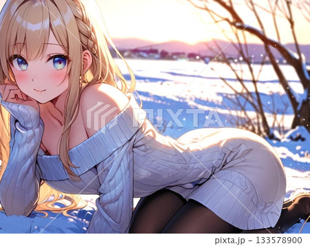 美少女　イラスト　金髪　冬背景 133578900