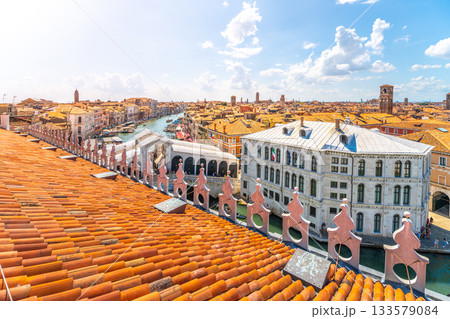 Rialto Bridge above Grand Canal. View from rooftop lookout terrace of the Fondaco dei Tedeschi. Venice, Italy Rialto Bridge above Grand Canal. View from rooftop lookout terrace of the Fondaco dei Tedeschi. Venice, Italy 133579084
