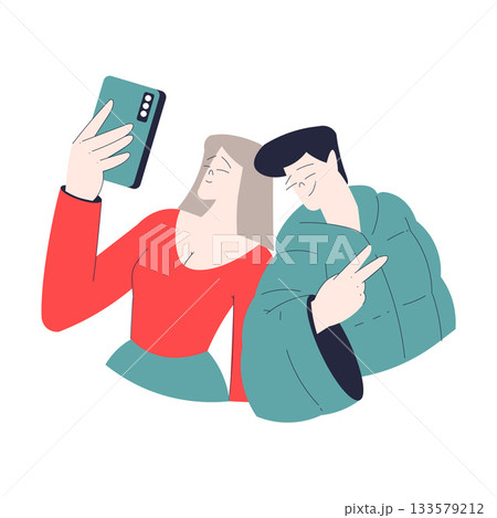 Man and Woman Romantic Couple Take Selfie Enjoy Love Story and Relationship Vector Illustration 133579212