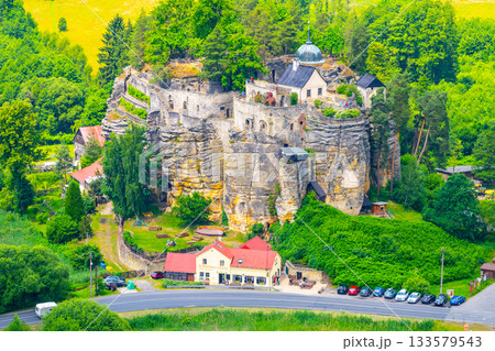Aerial view of Sloup v Cechach Castle Ruins, Czech Republic Aerial view of Sloup v Cechach Castle Ruins, Czech Republic 133579543