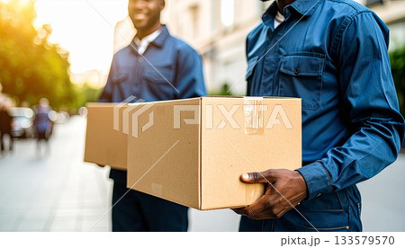 Delivery Men Carrying Packages on the Street 133579570