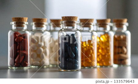 Assorted Vitamins in Glass Bottles with Corks 133579643