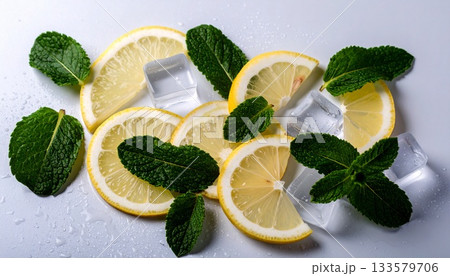Refreshing Lemon Slices with Mint and Ice Cubes 133579706