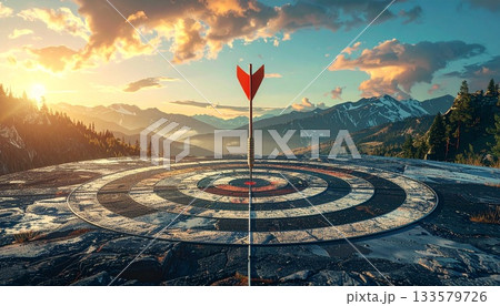 Arrow Hitting Center of Target in Mountain Landscape 133579726