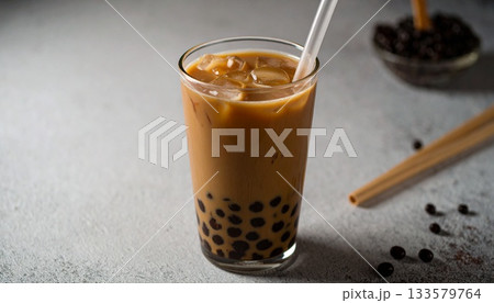 Refreshing Boba Tea with Tapioca Pearls and Ice 133579764